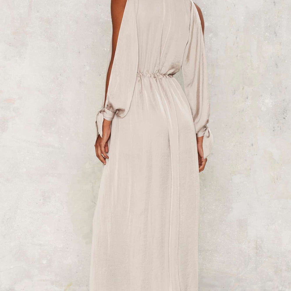 Elegant Cold Shoulder Party Plunge Long Sleeve Maxi Dress