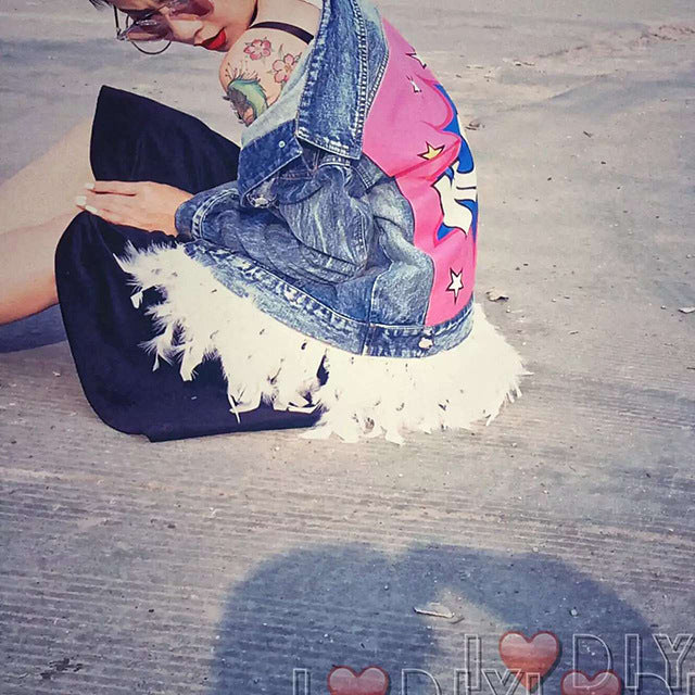 Fashionable Marilyn Monroe style ripped jean jacket