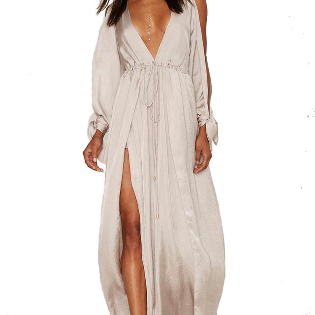 Elegant Cold Shoulder Party Plunge Long Sleeve Maxi Dress