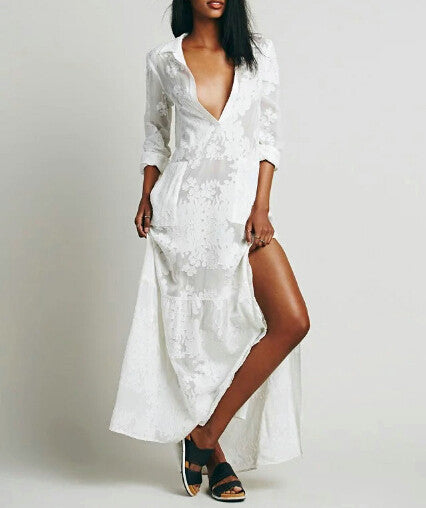 BOHO Chic Side Slit Lace White Chiffon Maxi Dress