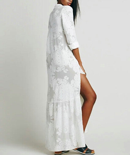 BOHO Chic Side Slit Lace White Chiffon Maxi Dress