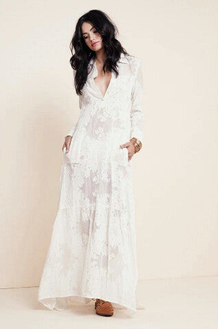 BOHO Chic Side Slit Lace White Chiffon Maxi Dress