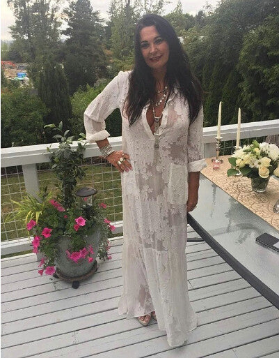 BOHO Chic Side Slit Lace White Chiffon Maxi Dress
