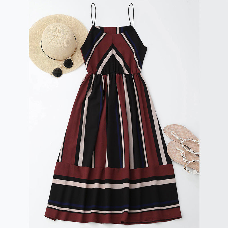 Midi Aline Spaghetti strap Casual Striped Beach Dress