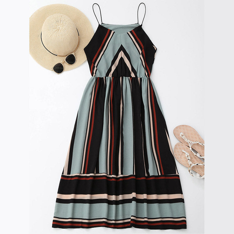 Midi Aline Spaghetti strap Casual Striped Beach Dress