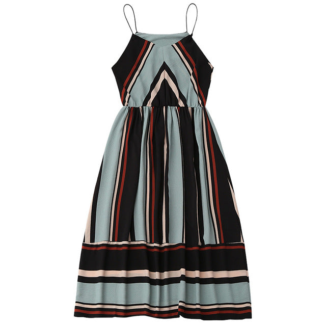 Midi Aline Spaghetti strap Casual Striped Beach Dress