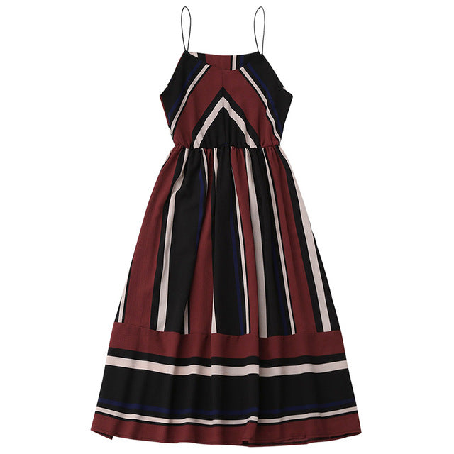 Midi Aline Spaghetti strap Casual Striped Beach Dress
