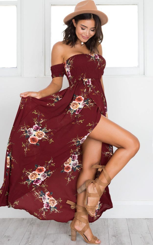 sexy side split off shoulder Spring / summer maxi Dress