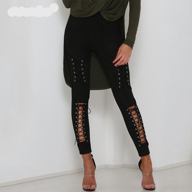 Suede Lace Up Pants Bandage Leggings