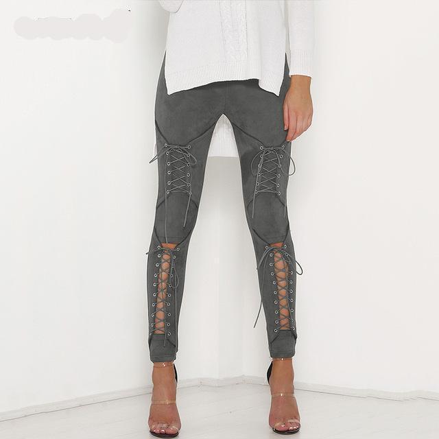 Suede Lace Up Pants Bandage Leggings