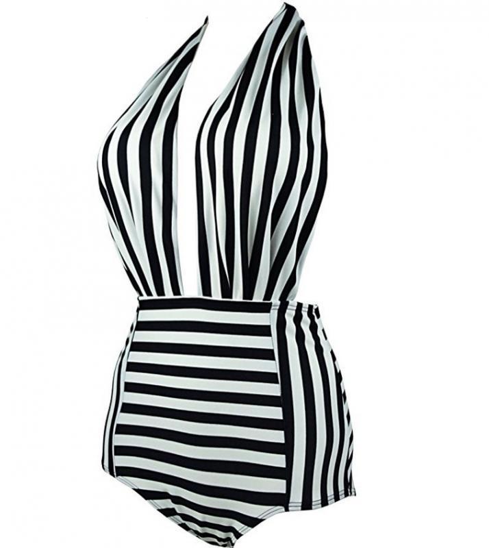 Sexy Halter Striped One Piece Swimsuit