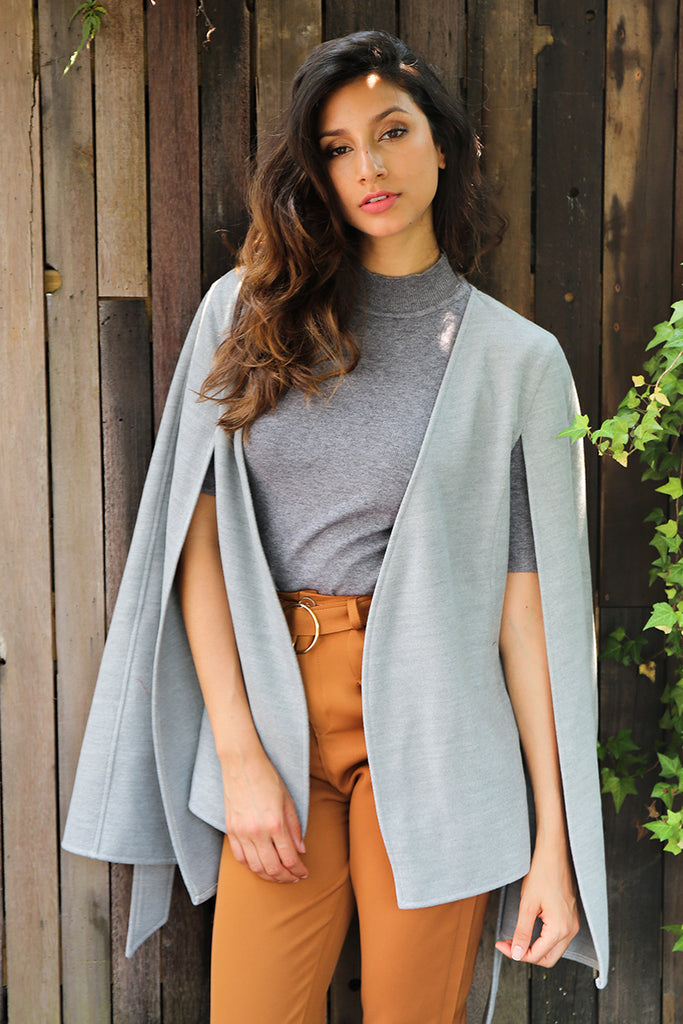 Elegant v neck Belted winter cape coat