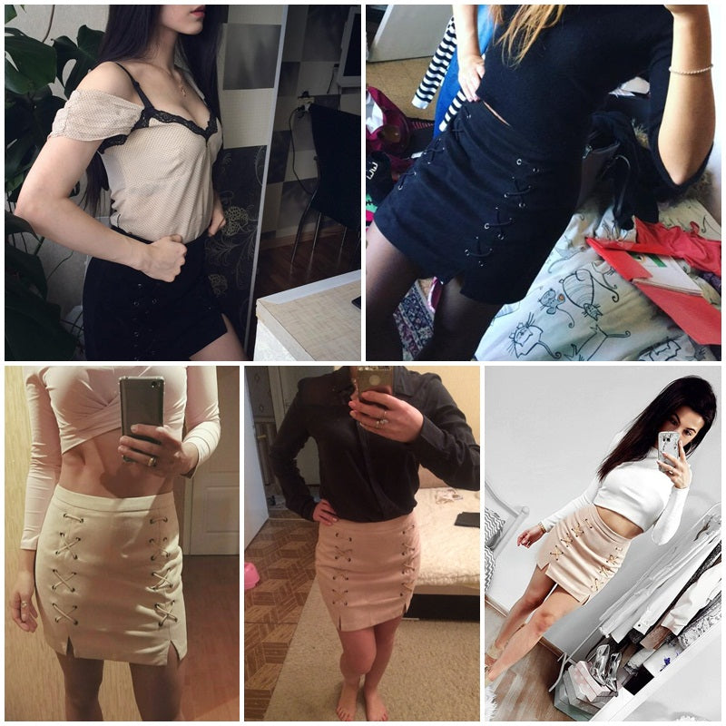 High Waist Autumn lace up leather suede pencil skirt