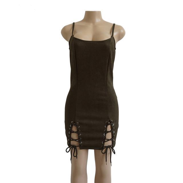Spaghetti Strap Backless Lace-up Party Suede Bodycon Dress