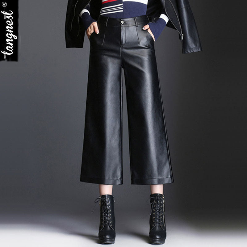 TANGNEST Women Casual PU Leather Wide Leg Pants 2017 Autumn Winter European High Waist Black Pantalon Femme WKN575