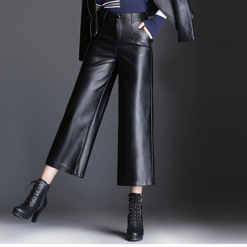 European High Waist PU Leather Wide Leg Pants