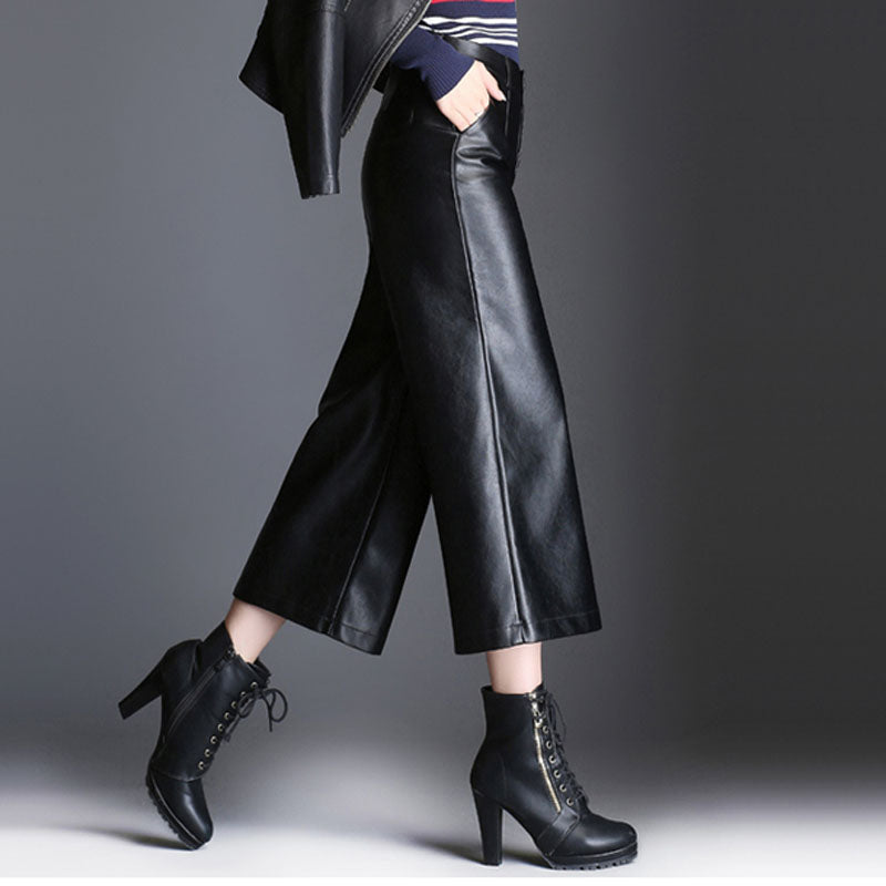 European High Waist PU Leather Wide Leg Pants