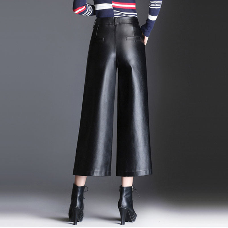 European High Waist PU Leather Wide Leg Pants