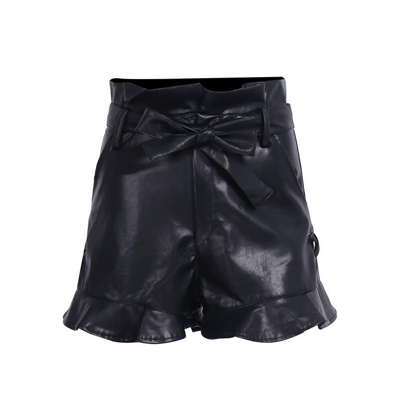 lace up black & Tan high waist Leather shorts with cinched belt