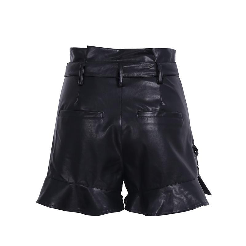 lace up black & Tan high waist Leather shorts with cinched belt