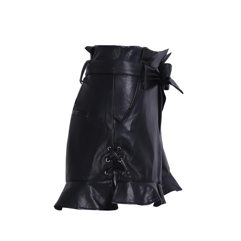 lace up black & Tan high waist Leather shorts with cinched belt