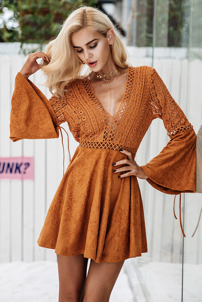 Sexy lace up v neck suede lace dress with Flared Sleeves