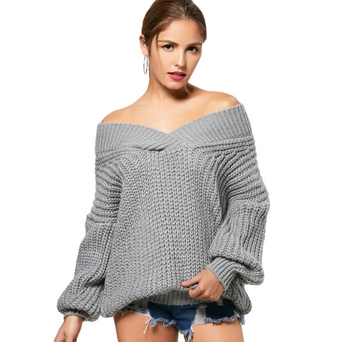 Thick Long Sleeve Off the Shoulder Winter warm v neck knitted sweater
