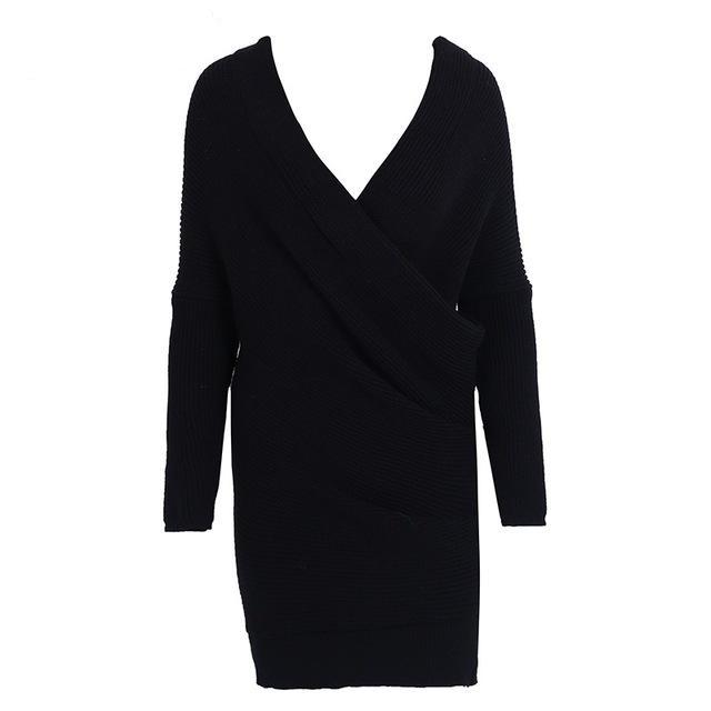 Sexy V neck pullover cross knitting sweater dress