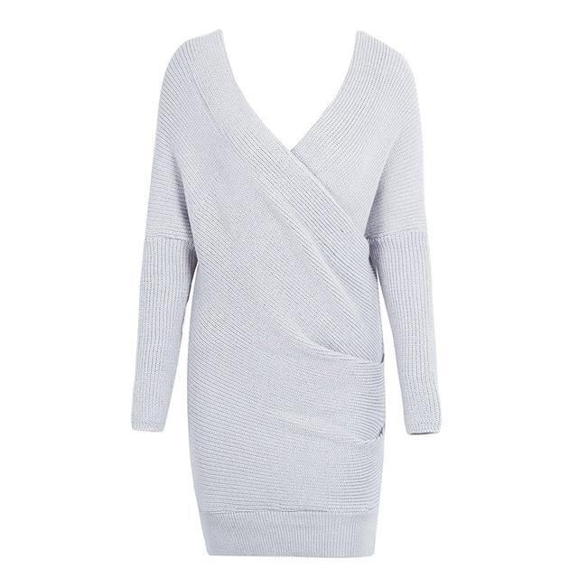 Sexy V neck pullover cross knitting sweater dress
