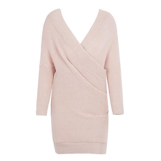 Sexy V neck pullover cross knitting sweater dress