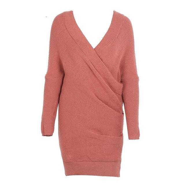 Sexy V neck pullover cross knitting sweater dress