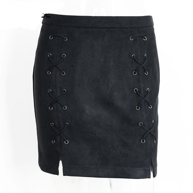 High Waist Autumn lace up leather suede pencil skirt