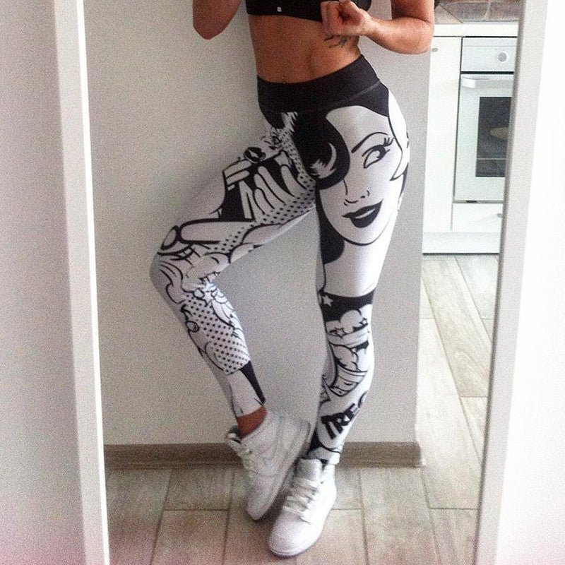 Printed Women 3d Stereo Letters Printed Black & White Fitness Leggings