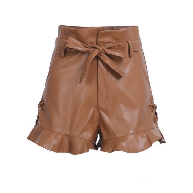 lace up black & Tan high waist Leather shorts with cinched belt