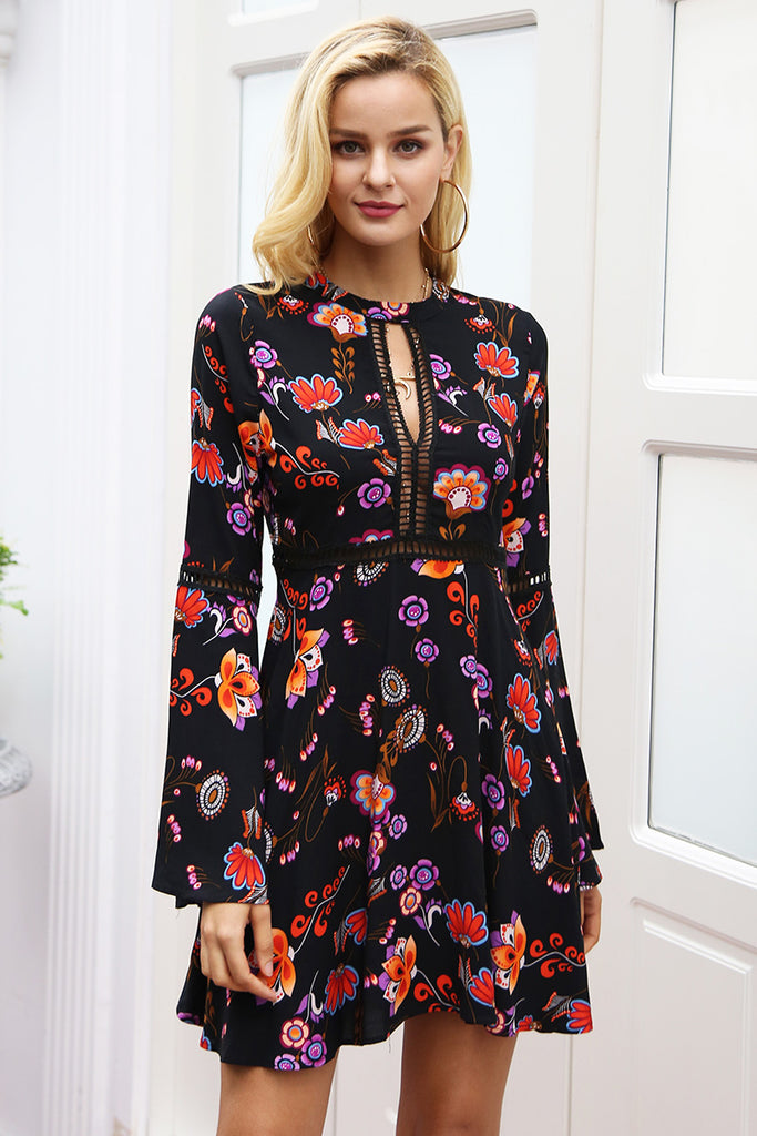Floral dress with Flare sleeve and open neck