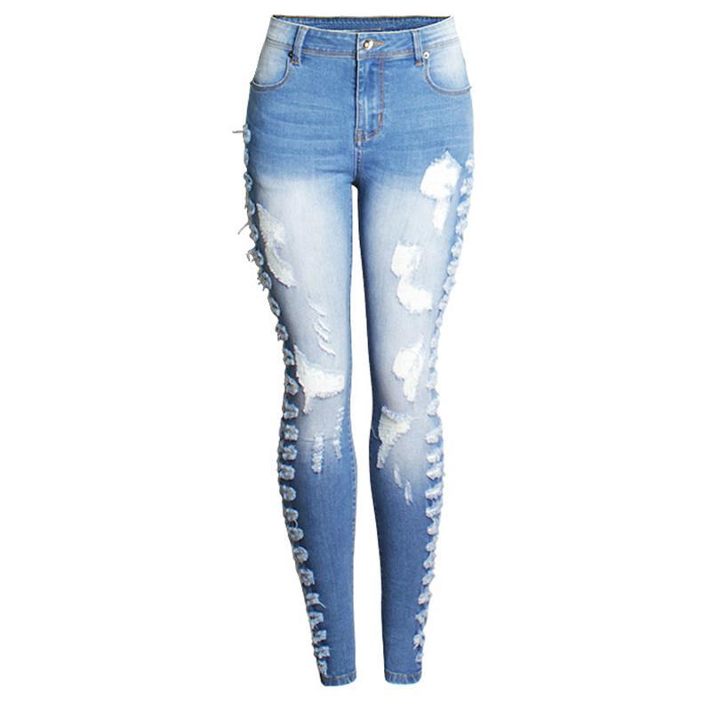 Full Figure Fashionable High Waist Womens Side Ripped Jeans