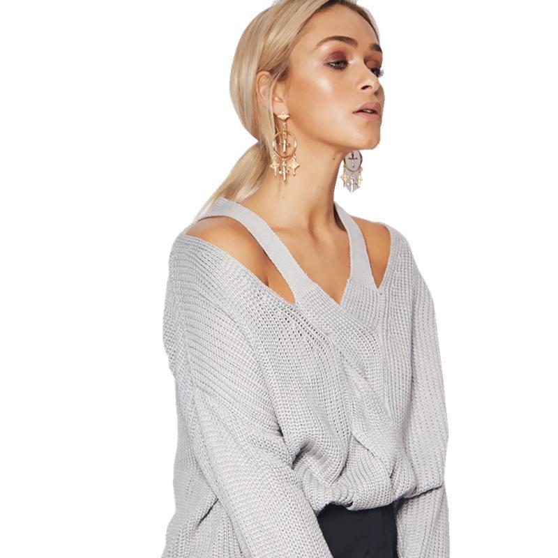 Womens Cold Shoulder knitted Sweater Gray Long Sleeve