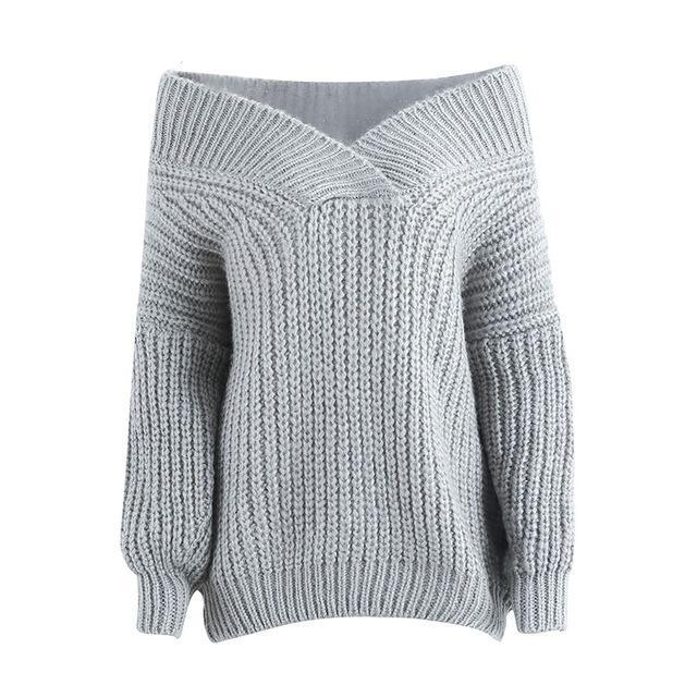 Thick Long Sleeve Off the Shoulder Winter warm v neck knitted sweater