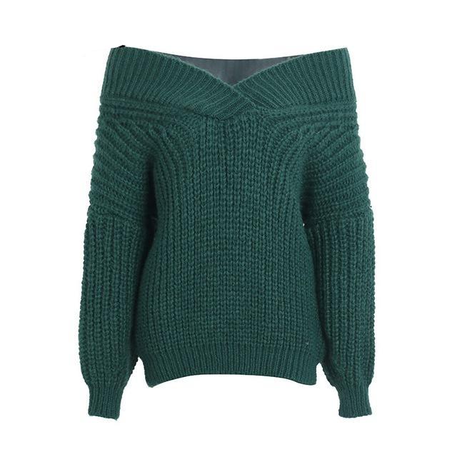 Thick Long Sleeve Off the Shoulder Winter warm v neck knitted sweater
