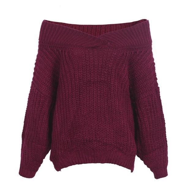 Thick Long Sleeve Off the Shoulder Winter warm v neck knitted sweater