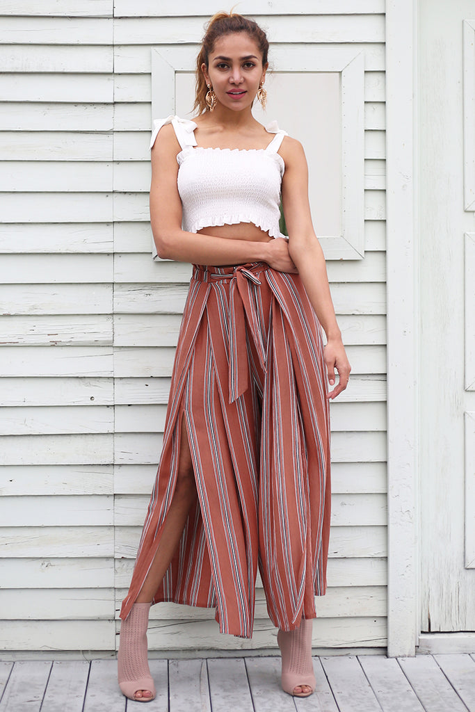 High waist split stripe wide leg pants