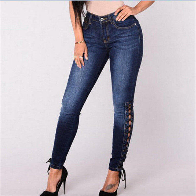 Pencil Side Lace Up Sexy Jeans