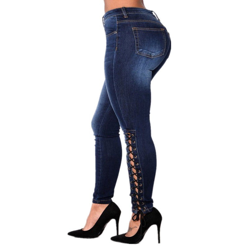 Pencil Side Lace Up Sexy Jeans