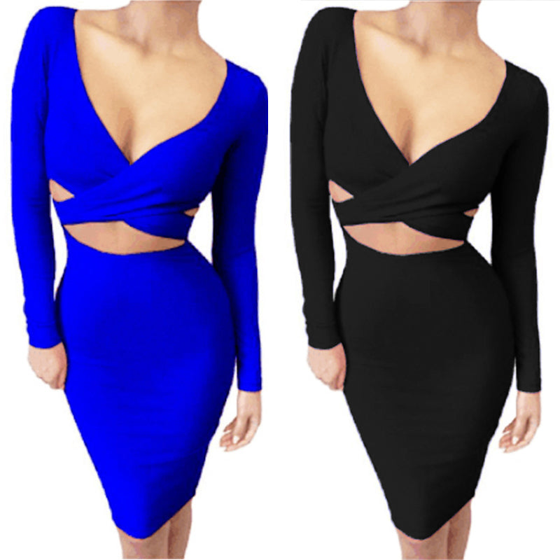 Long Sleeve Hollow Out Sexy Club Bandage Bodycon Dress