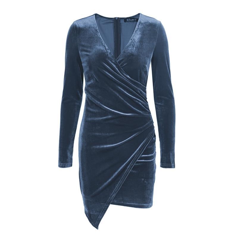 Sexy Vintage Velvet soft deep v neck bodycon dress