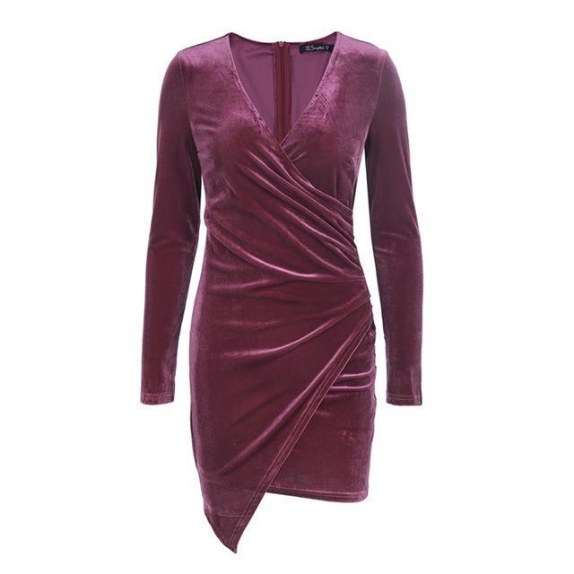 Sexy Vintage Velvet soft deep v neck bodycon dress