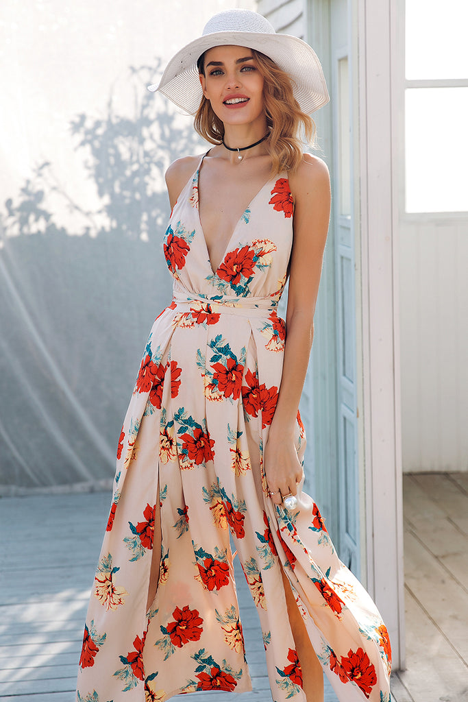 Board Walk Spring v neck backless Floral jumpsuit