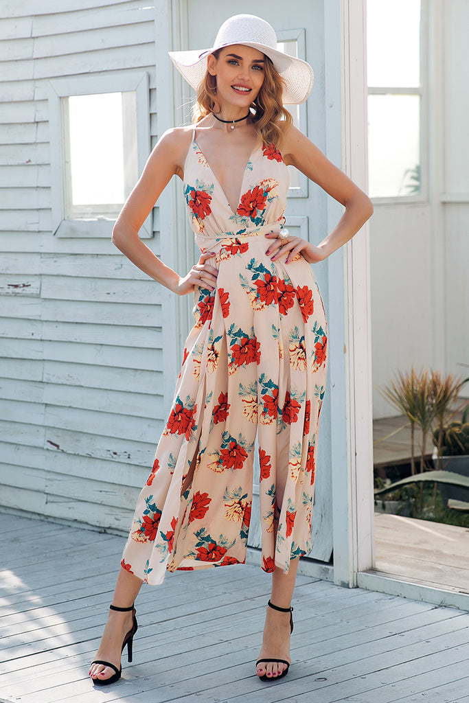 Board Walk Spring v neck backless Floral jumpsuit