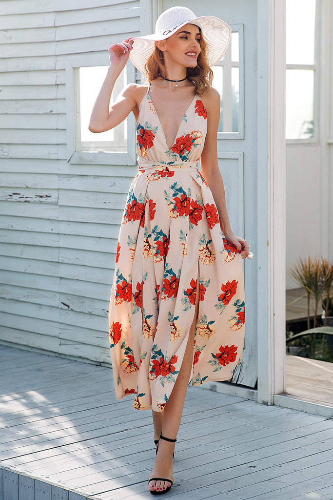 Board Walk Spring v neck backless Floral jumpsuit