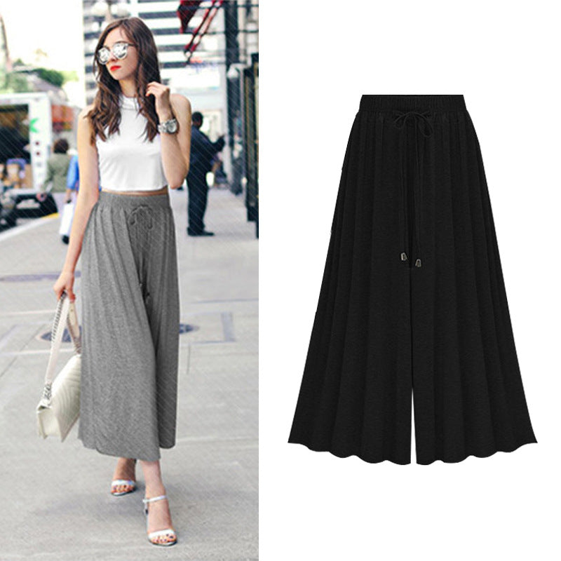 Summer Wide Leg Cropped Pants Elastic Lace Up / M - 6XL